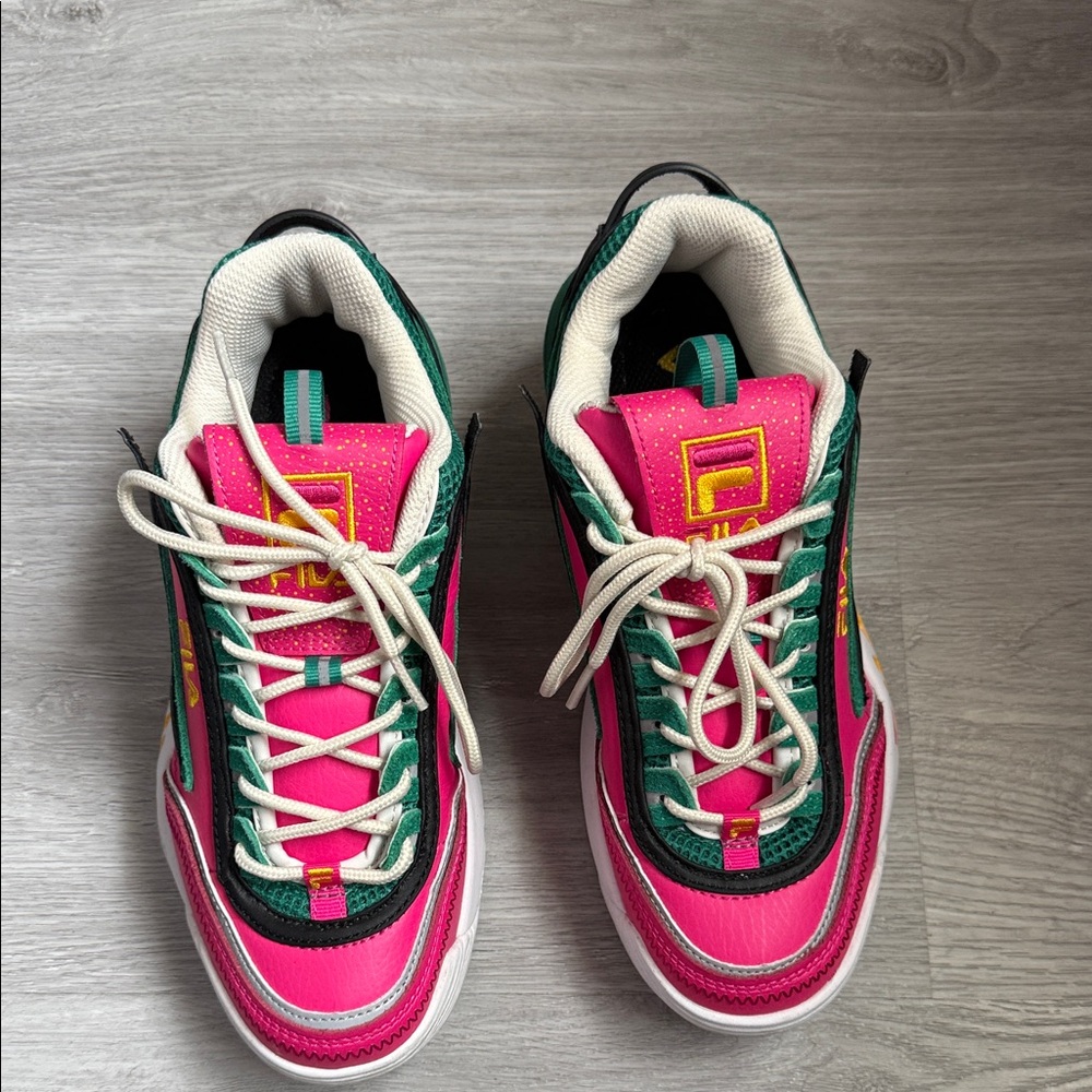Fila Pink and Green Platform Sneakers with Cream Laces